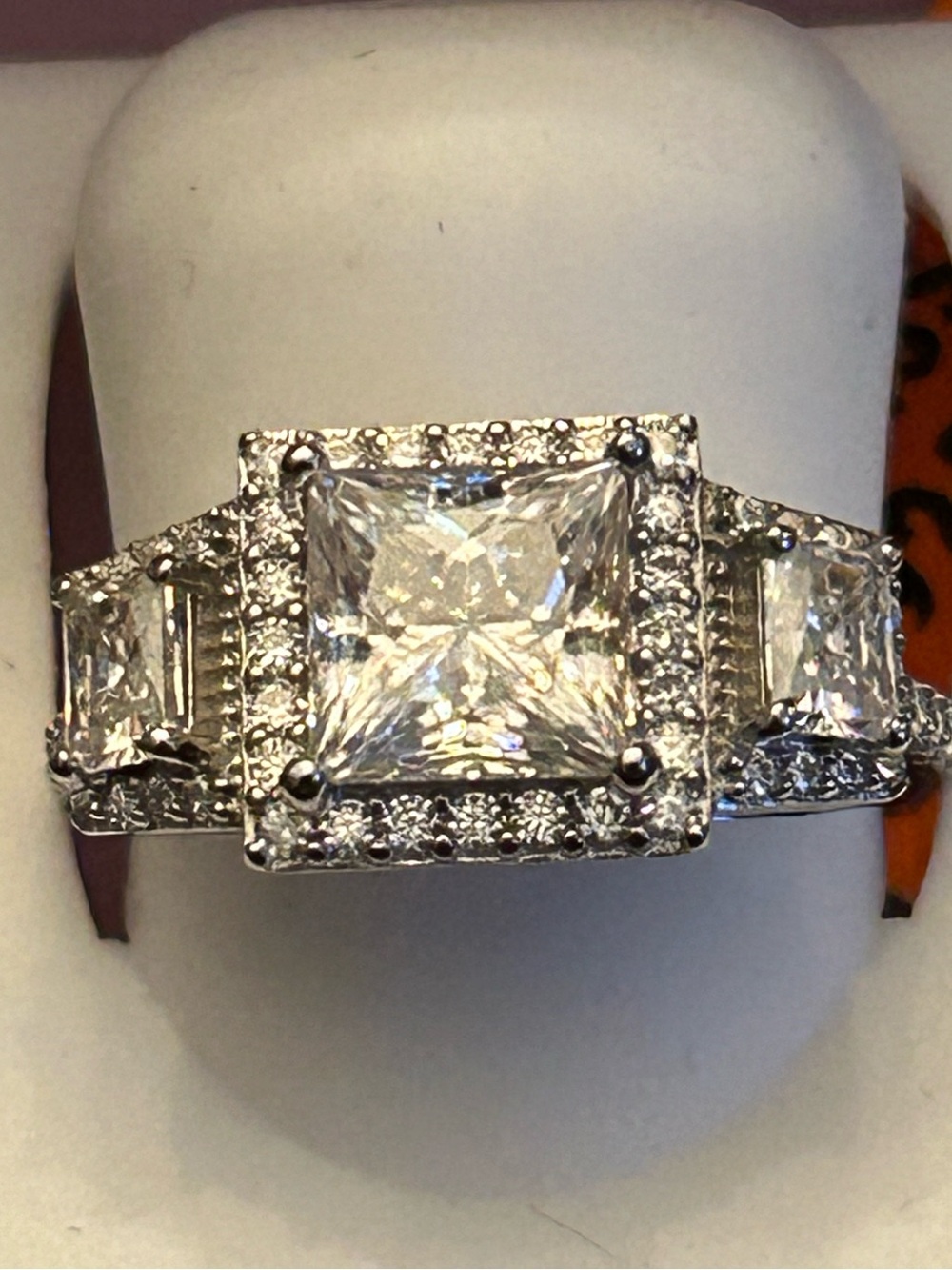 3.50CTW Three Stone Princess-Cut Moissanite Halo Ring in 925 Sterling Silver
